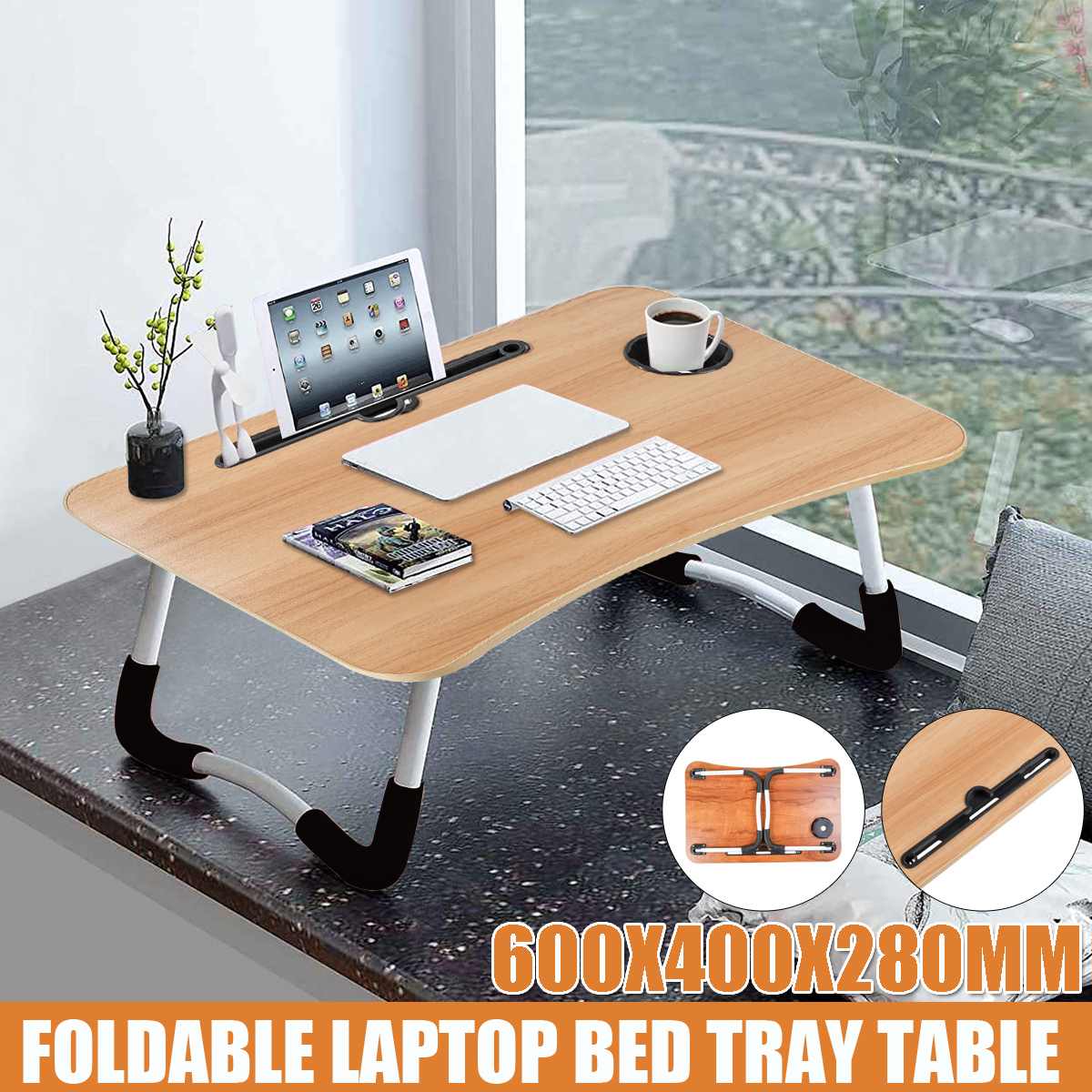 Portable Folding Laptop Stand Holder Study Table Desk Wooden Foldable Computer Desk for Sofa Tea Serving Table 60x40x28cm